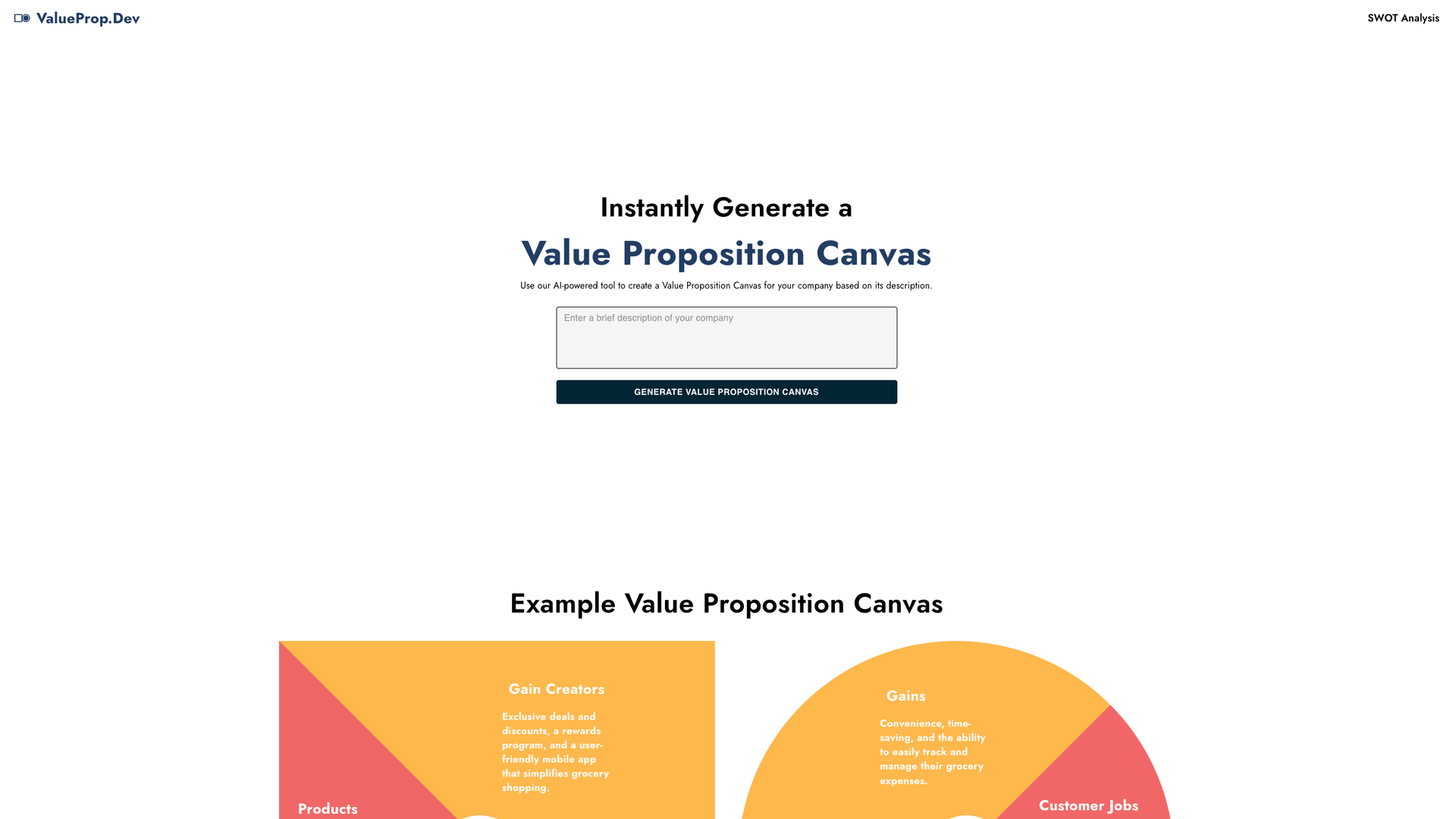 AI Value Proposition Canvas Generator screenshot