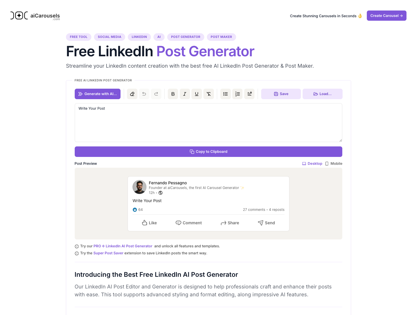 LinkedIn AI Post Generator screenshot