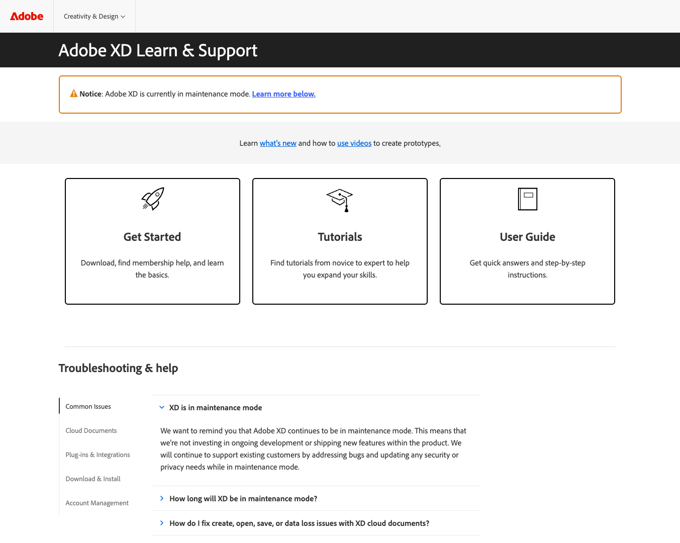 Adobe XD Learn & Support screenshot