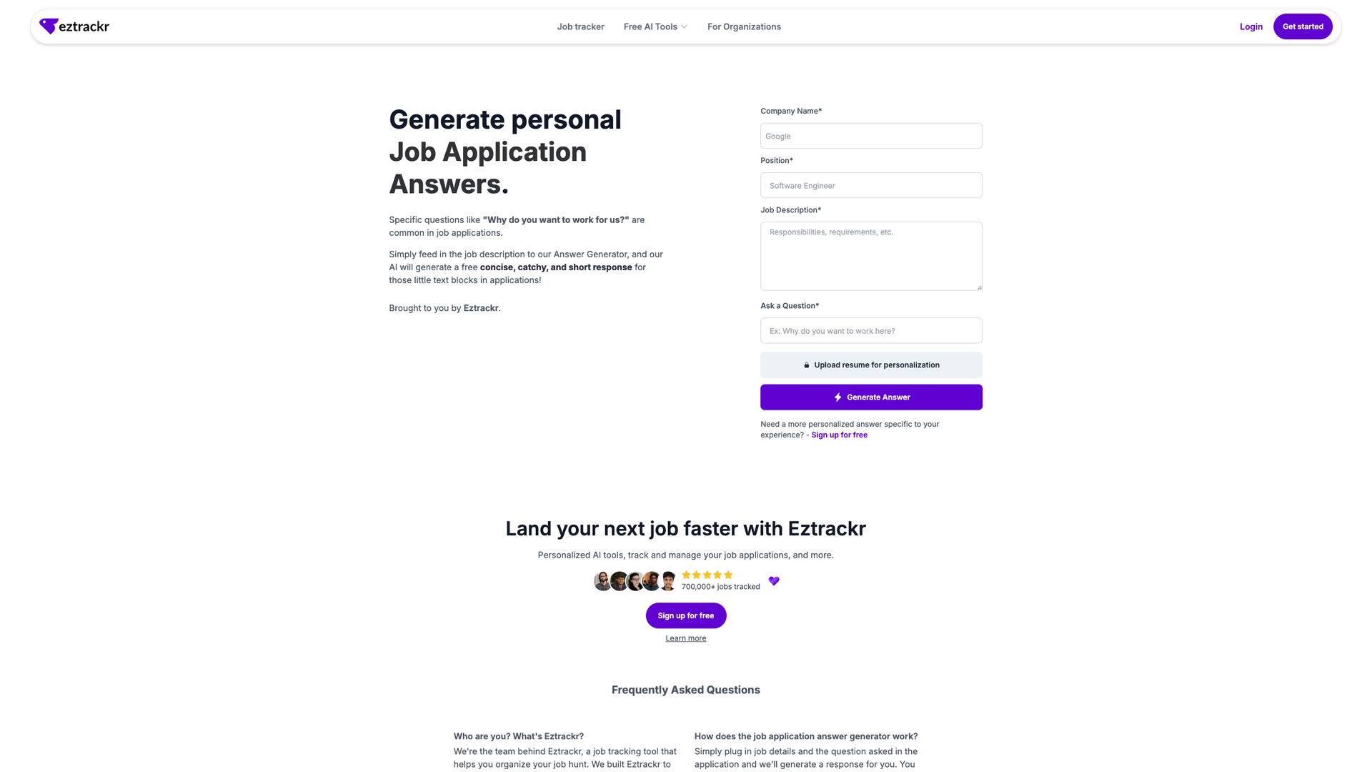 Eztrackr AI Job Answer Generator screenshot