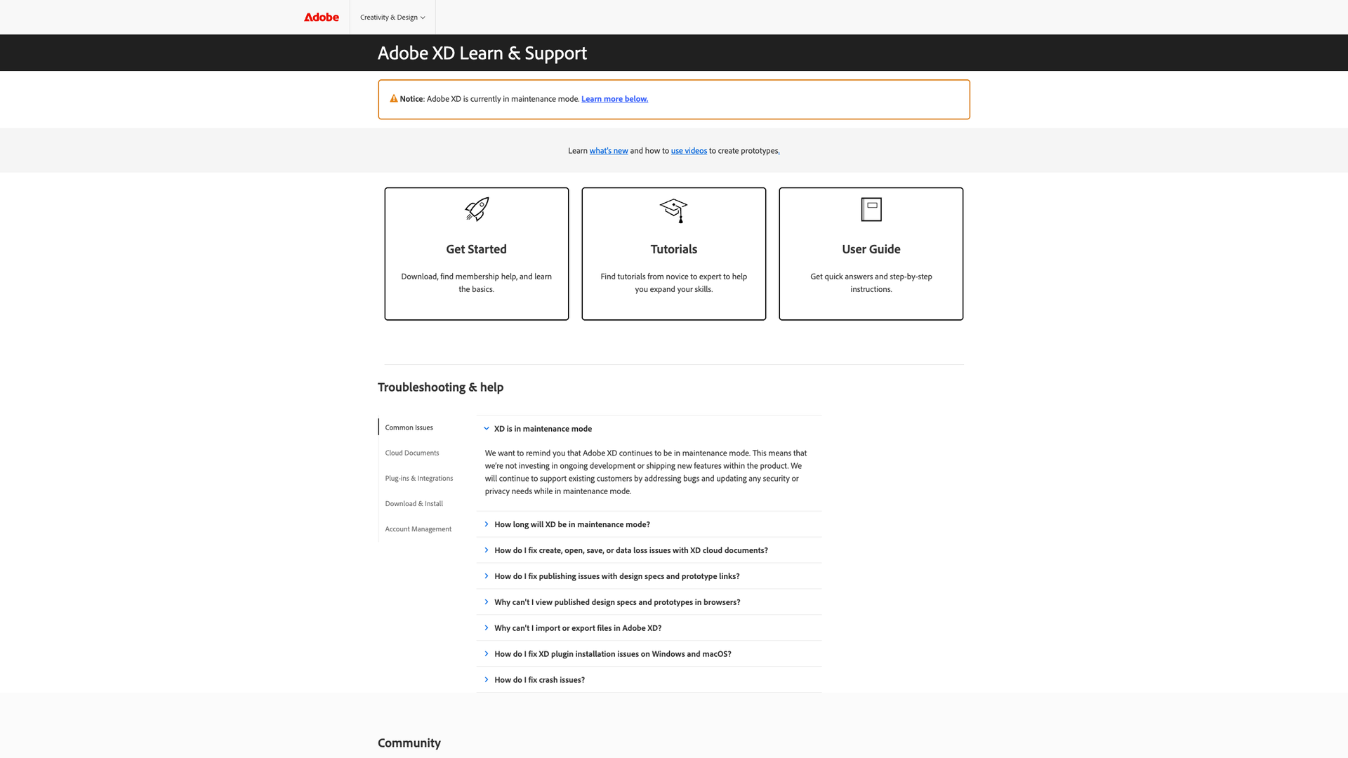 Adobe XD Learn & Support screenshot