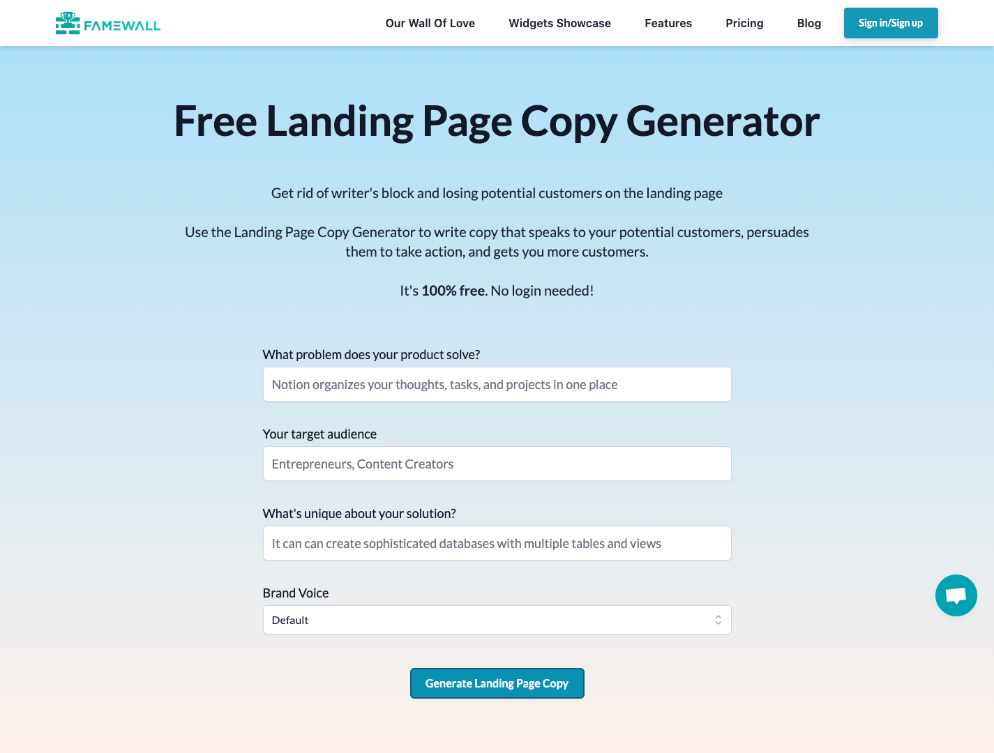 Landing Page Copy Generator screenshot