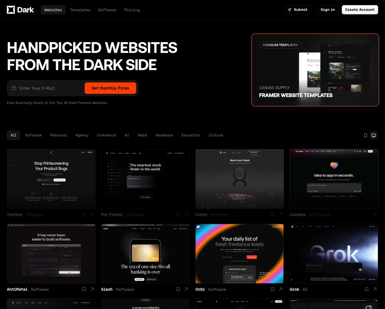 Dark Themed Web Inspiration screenshot