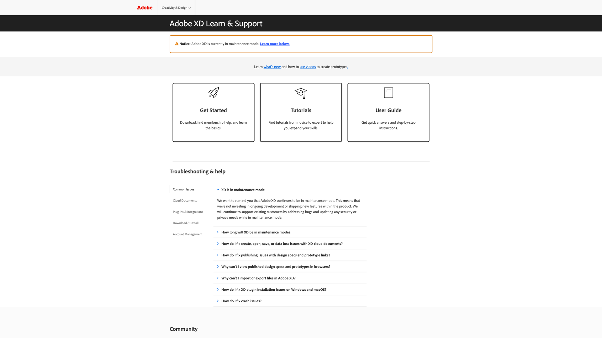 Adobe XD Learn & Support screenshot