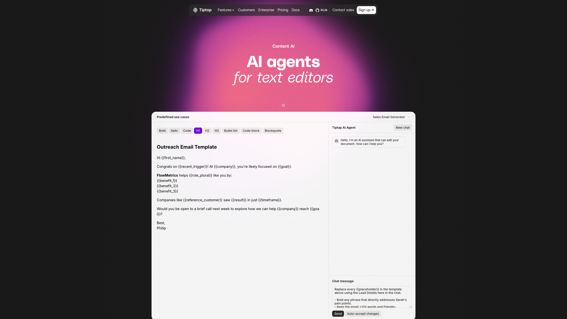 Tiptap AI Agent screenshot