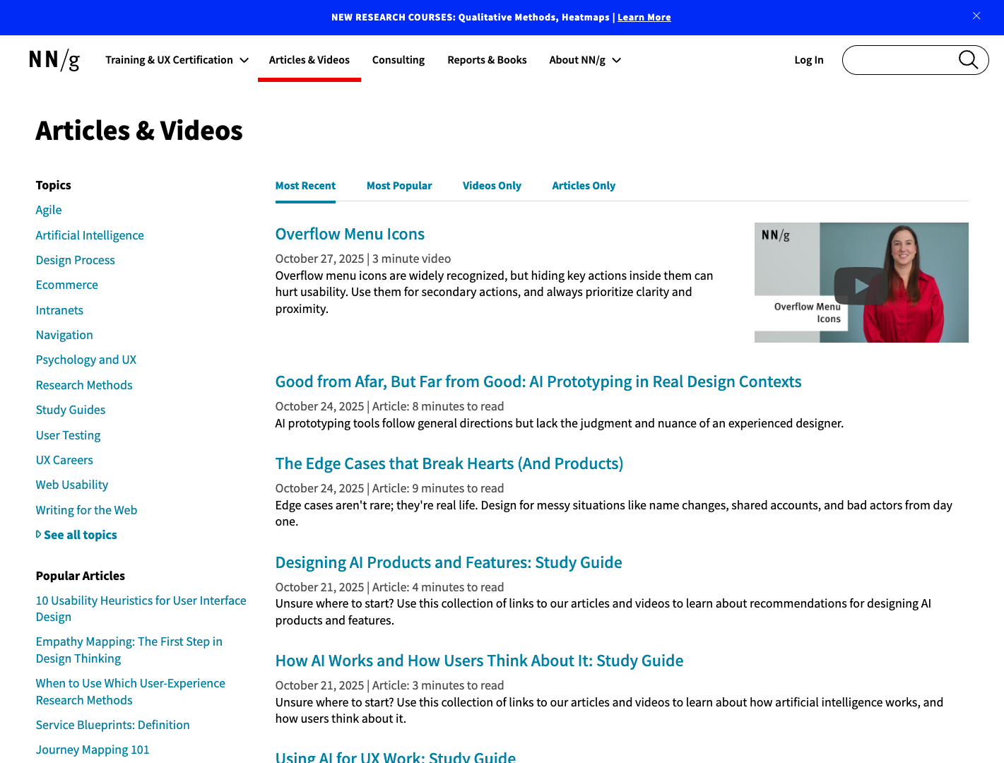 Nielsen Norman Group UX Articles screenshot