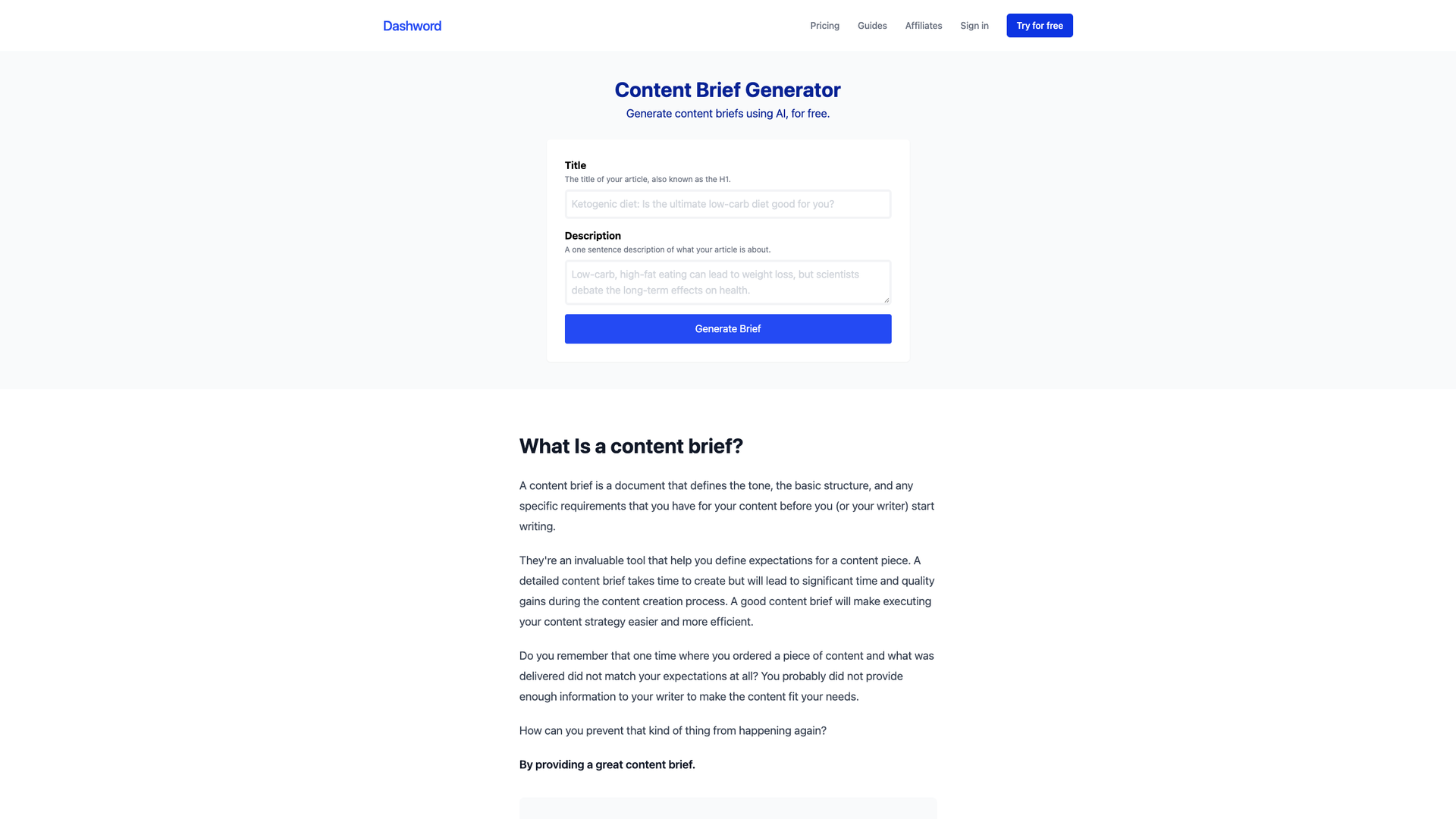 Dashword Content Brief Generator screenshot
