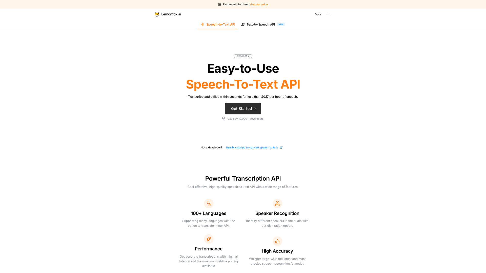 Lemonfox.ai Speech‑to‑Text API screenshot